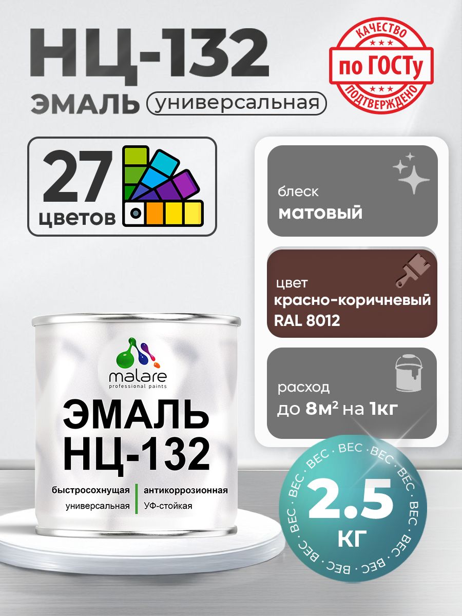 Эмаль Malare НЦ-132 краска для металла, минеральных поверхностей для внутренних и наружных работ антикоррозионная быстросохнущая RAL 8012, красно-коричневый, матовая, 2,5 кг