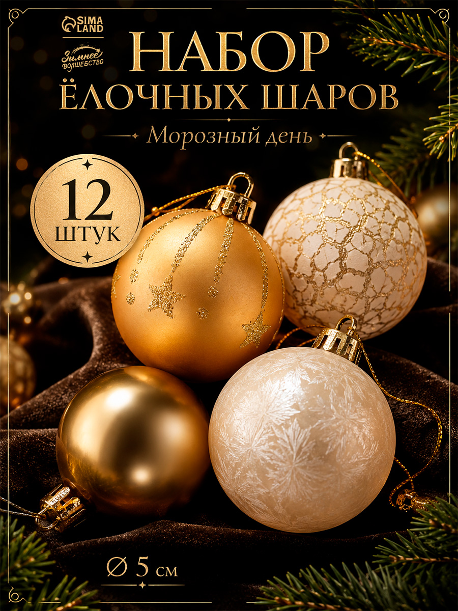 Елочные шары игрушки набор из 12 шт, 5 см, золотые / Подвесные украшения на елку новогодние / Набор елочных украшений