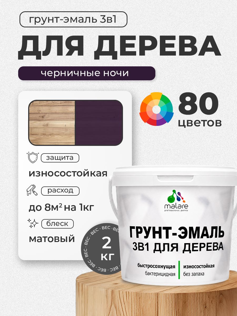 Акриловая Грунт-Эмаль 3 в 1 Malare для деревянных поверхностей с антисептическим эффектом, быстросохнущая, моющаяся без запаха матовая, черничные ночи, 2 кг