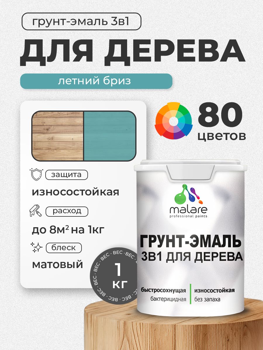 Акриловая Грунт-Эмаль 3 в 1 Malare для деревянных поверхностей с антисептическим эффектом, быстросохнущая, моющаяся без запаха матовая, летний бриз, 1 кг