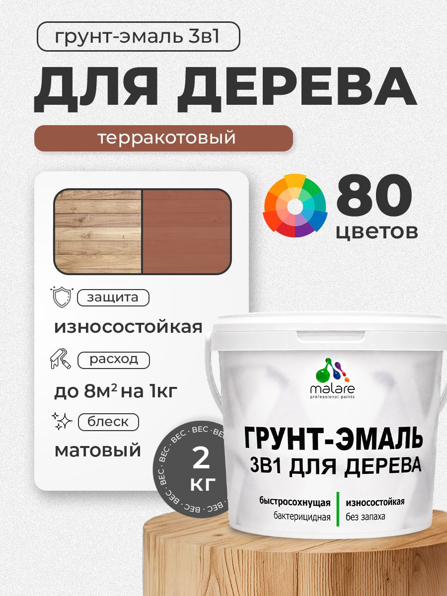 Акриловая Грунт-Эмаль 3 в 1 Malare для деревянных поверхностей с антисептическим эффектом, быстросохнущая, моющаяся без запаха матовая, терракотовый, 2 кг