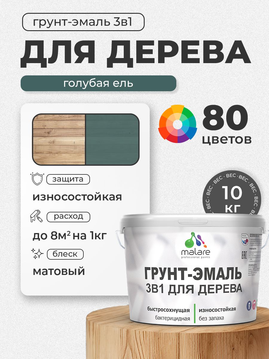 Акриловая Грунт-Эмаль 3 в 1 Malare для деревянных поверхностей с антисептическим эффектом, быстросохнущая, моющаяся без запаха матовая, голубая ель, 10 кг