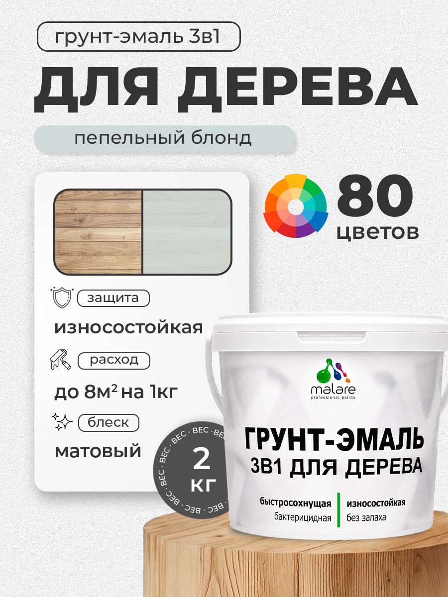 Акриловая Грунт-Эмаль 3 в 1 Malare для деревянных поверхностей с антисептическим эффектом, быстросохнущая, моющаяся без запаха матовая, пепельный блонд, 2 кг