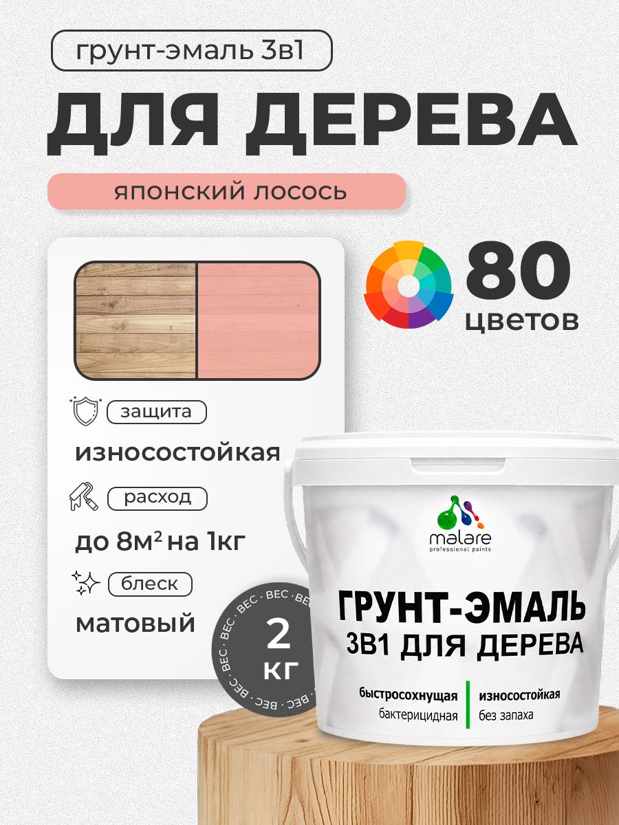 Акриловая Грунт-Эмаль 3 в 1 Malare для деревянных поверхностей с антисептическим эффектом, быстросохнущая, моющаяся без запаха матовая, японский лосось, 2 кг