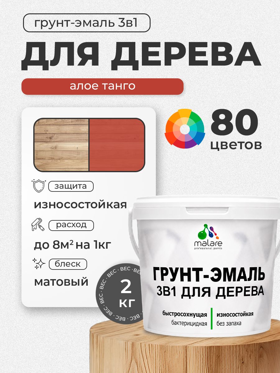 Акриловая Грунт-Эмаль 3 в 1 Malare для деревянных поверхностей с антисептическим эффектом, быстросохнущая, моющаяся без запаха матовая, алое танго, 2 кг