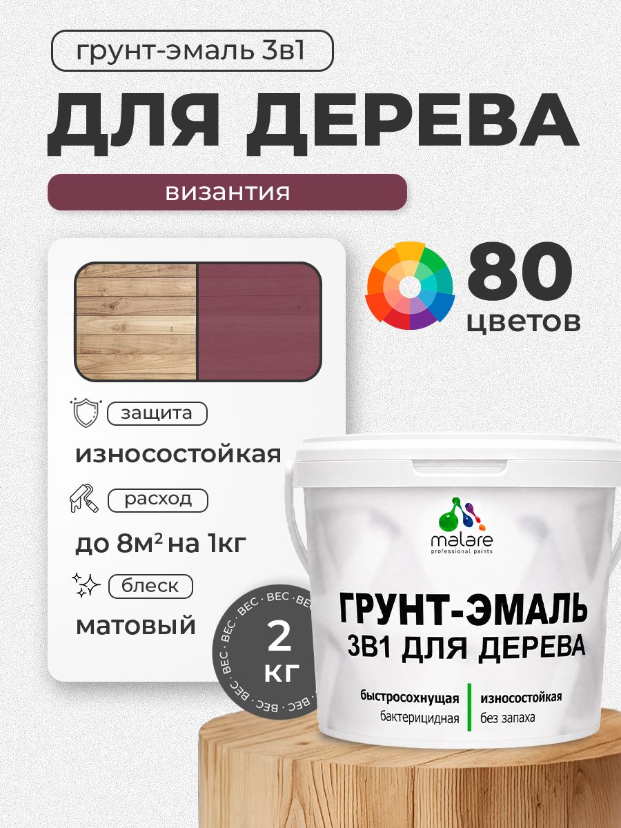 Акриловая Грунт-Эмаль 3 в 1 Malare для деревянных поверхностей с антисептическим эффектом, быстросохнущая, моющаяся без запаха матовая, византия, 2 кг