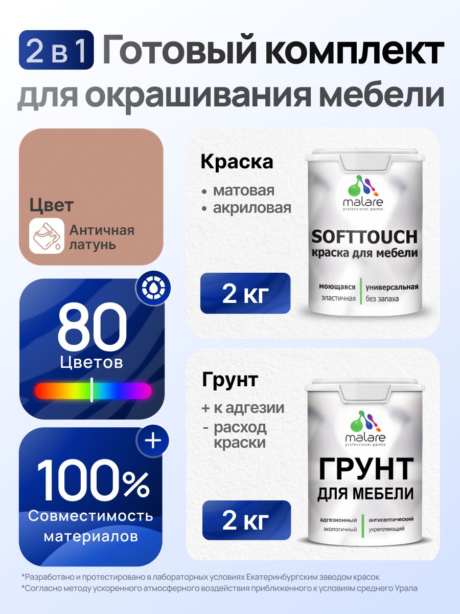 Комплект Malare SoftTouch для окрашивания мебели (2кг грунт + 2кг краска), акриловый, без запаха, быстросохнущий, матовый, цвет античная латунь