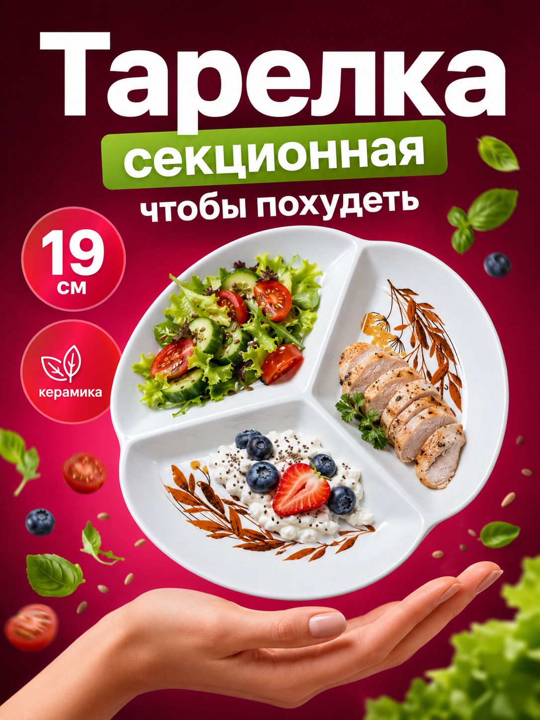 Тарелка для похудения секционная для правильного питания, 3 секции 19 см