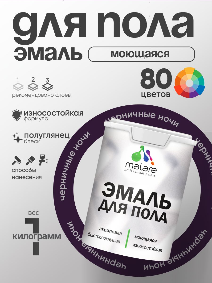 Эмаль для пола акриловая Malare краска для бетонных полов по дереву/ износостойкая без запаха, быстросохнущая моющаяся полуглянцевая, черничные ночи, 1 кг