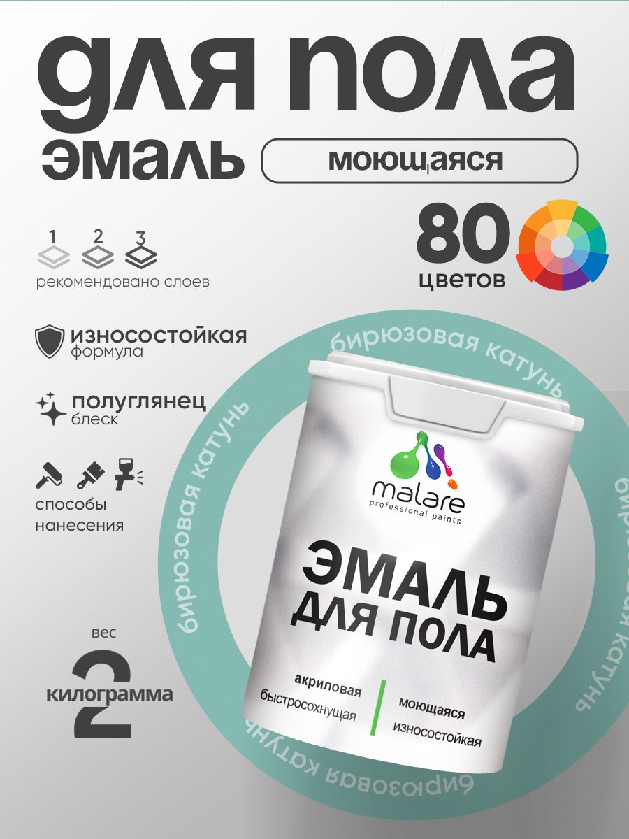Эмаль для пола акриловая Malare краска для бетонных полов по дереву/ износостойкая без запаха, быстросохнущая моющаяся полуглянцевая, бирюзовая катунь, 2 кг