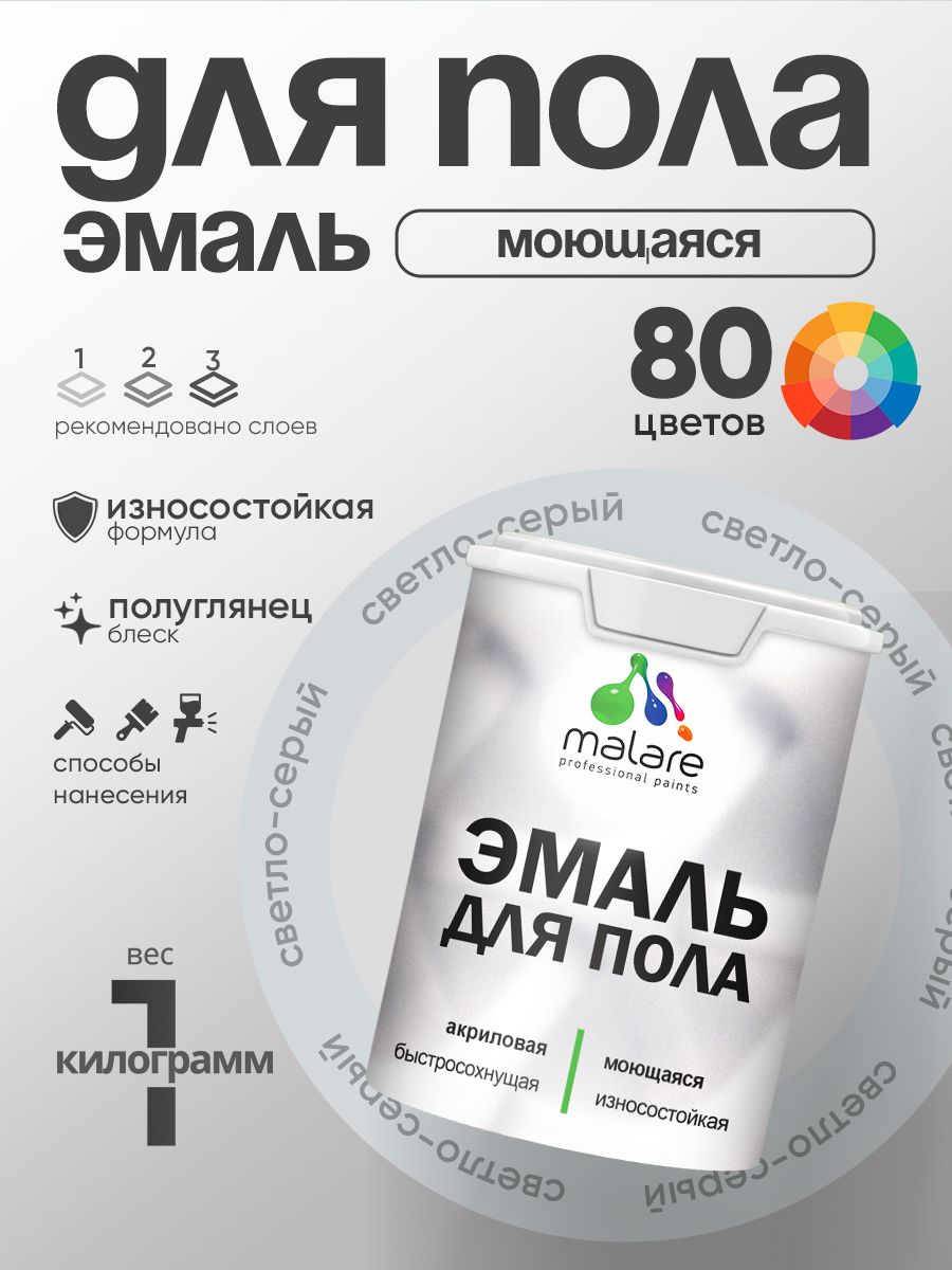 Эмаль для пола акриловая Malare краска для бетонных полов по дереву/ износостойкая без запаха, быстросохнущая моющаяся полуглянцевая, светло-серая, 1 кг