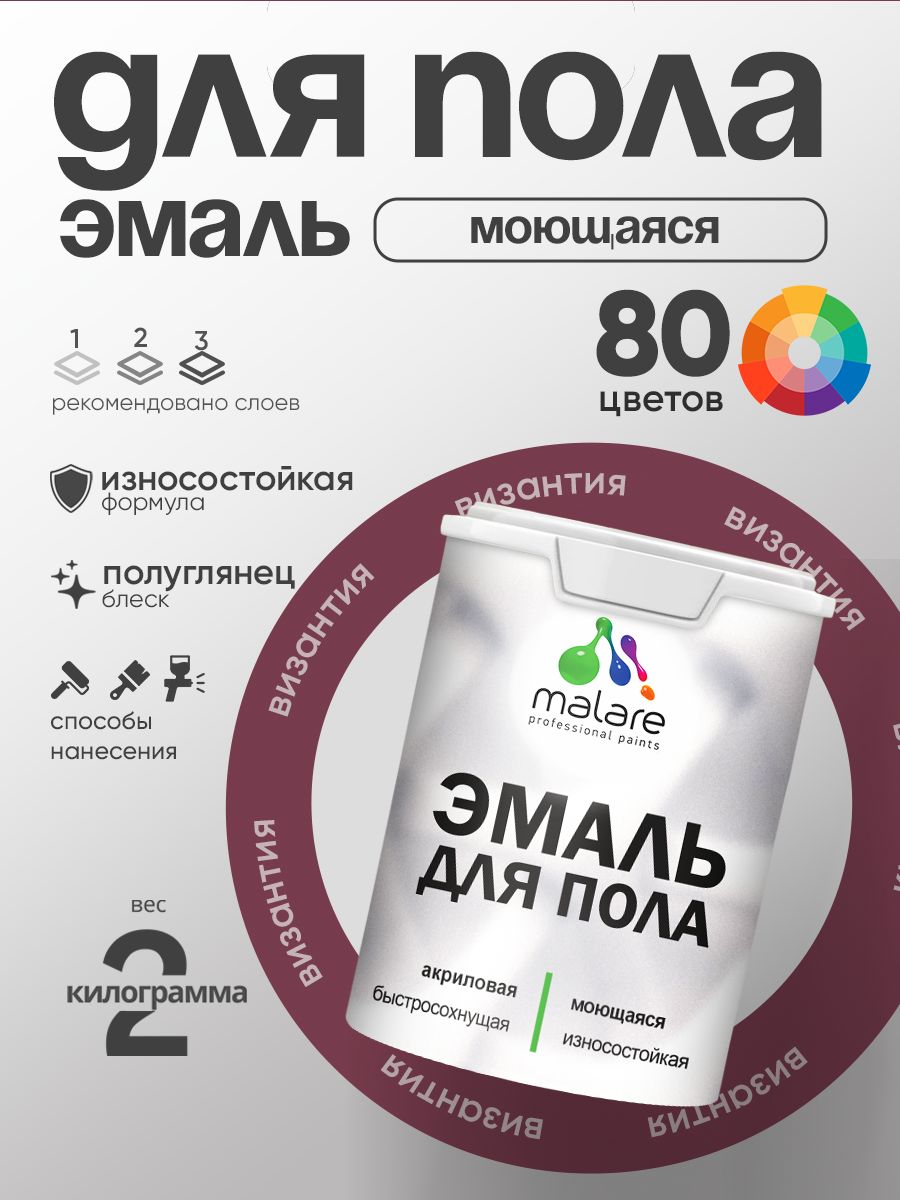 Эмаль для пола акриловая Malare краска для бетонных полов по дереву/ износостойкая без запаха, быстросохнущая моющаяся полуглянцевая, византия, 2 кг