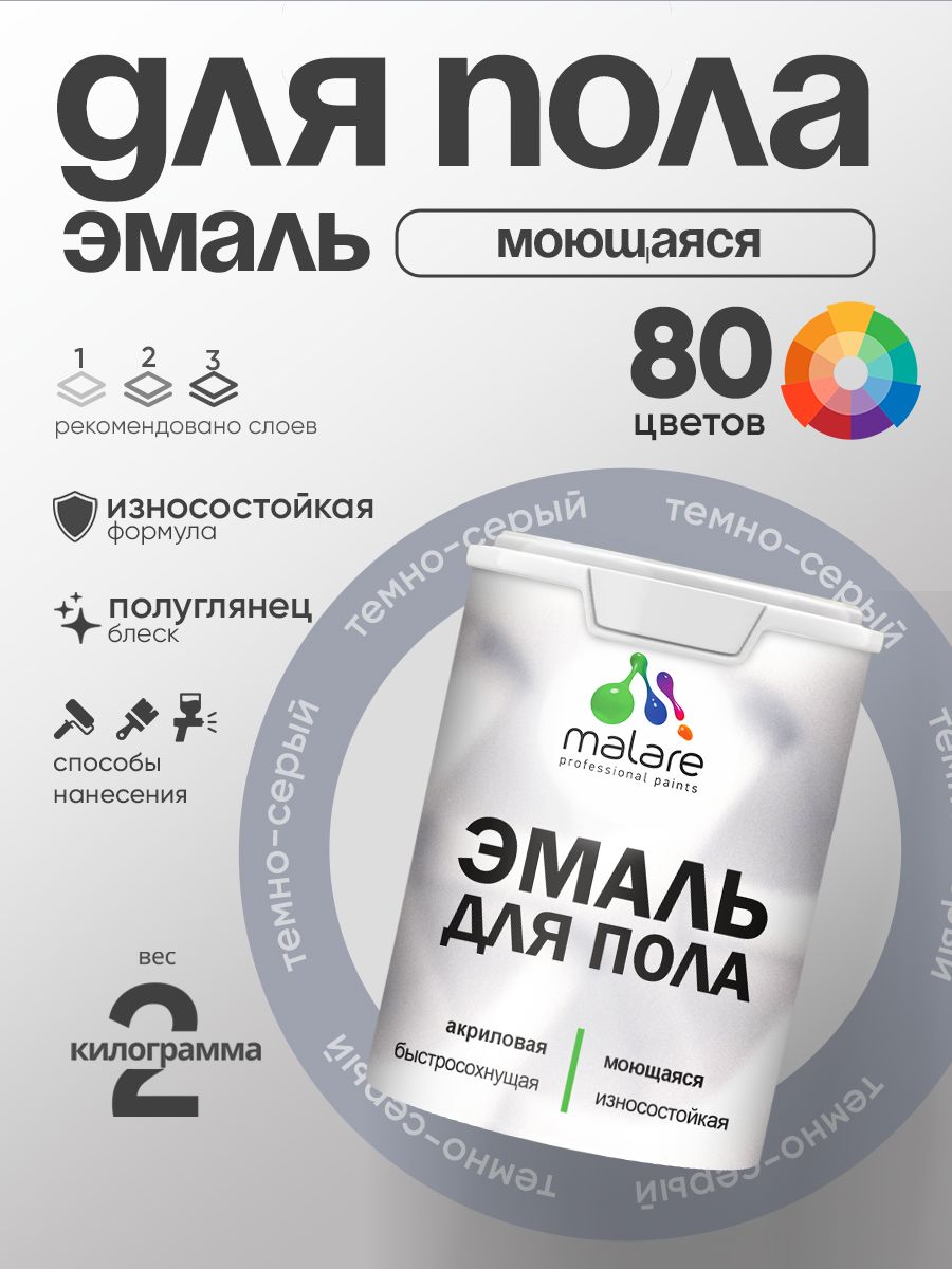 Эмаль для пола акриловая Malare краска для бетонных полов по дереву/ износостойкая без запаха, быстросохнущая моющаяся полуглянцевая, темно-серая, 2 кг