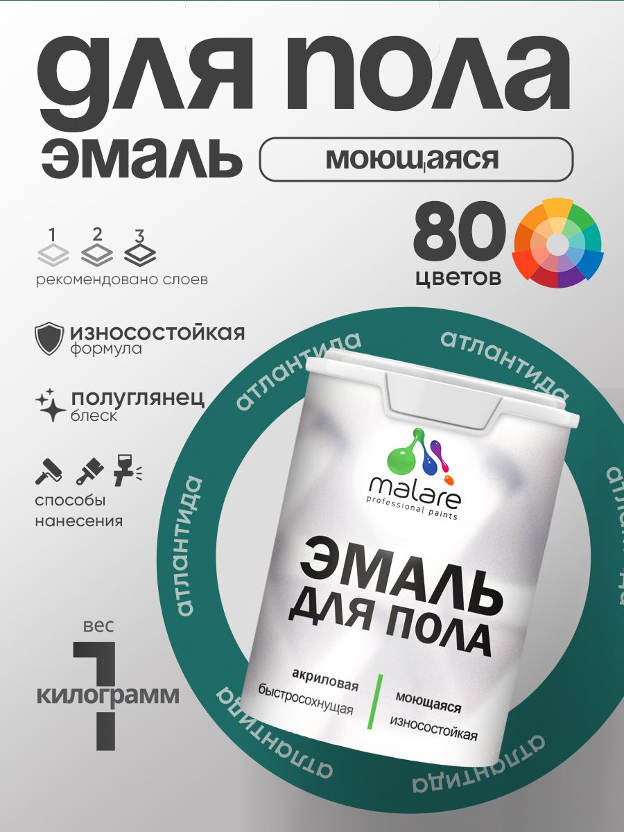 Эмаль для пола акриловая Malare краска для бетонных полов по дереву/ износостойкая без запаха, быстросохнущая моющаяся полуглянцевая, атлантида, 1 кг