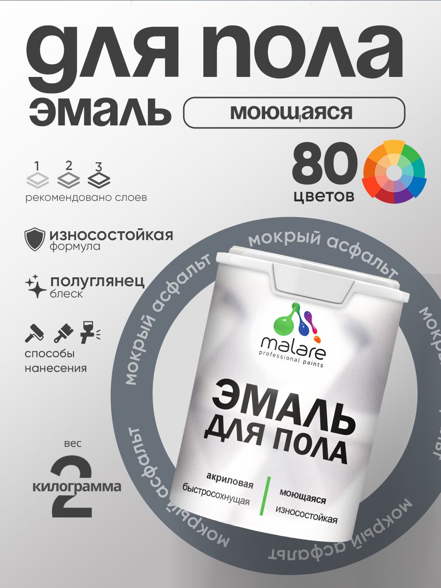 Эмаль для пола акриловая Malare краска для бетонных полов по дереву/ износостойкая без запаха, быстросохнущая моющаяся полуглянцевая, мокрый асфальт, 2 кг