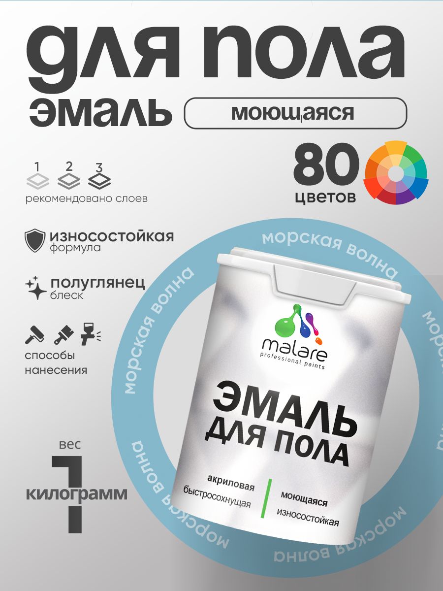 Эмаль для пола акриловая Malare краска для бетонных полов по дереву/ износостойкая без запаха, быстросохнущая моющаяся полуглянцевая, морская волна, 1 кг