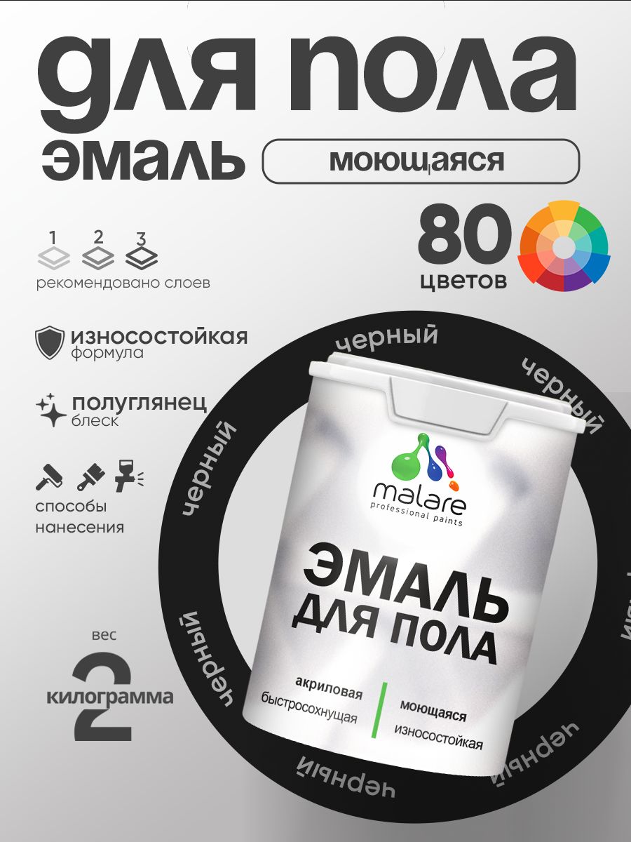 Эмаль для пола акриловая Malare краска для бетонных полов по дереву/ износостойкая без запаха, быстросохнущая моющаяся полуглянцевая, черный, 2 кг