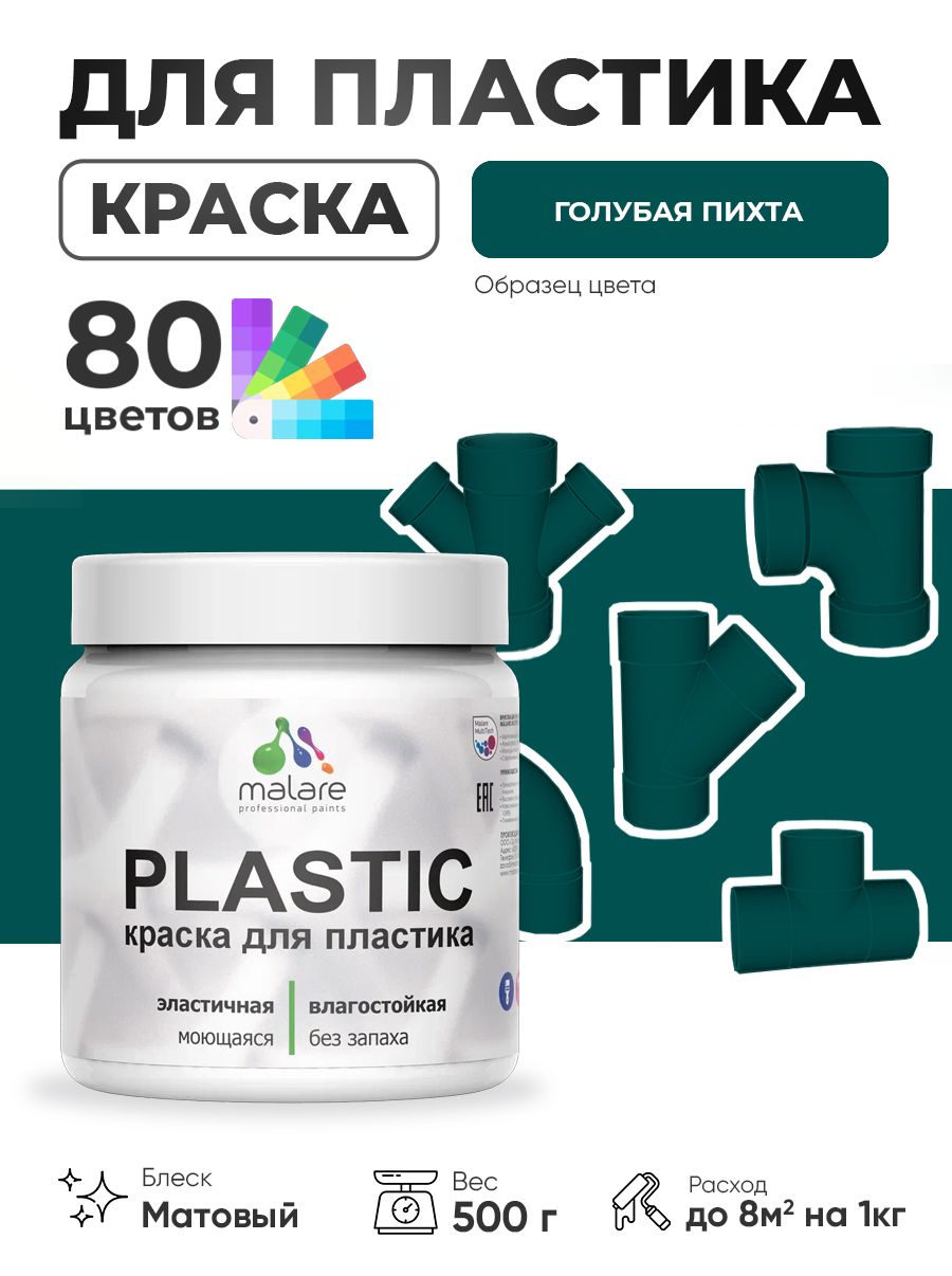 Акриловая краска для пластика Malare Plastic для пенопласта ПВХ сайдинга, для подоконников и откосов, быстросохнущая без запаха, матовая, голубая пихта, 0.5 кг