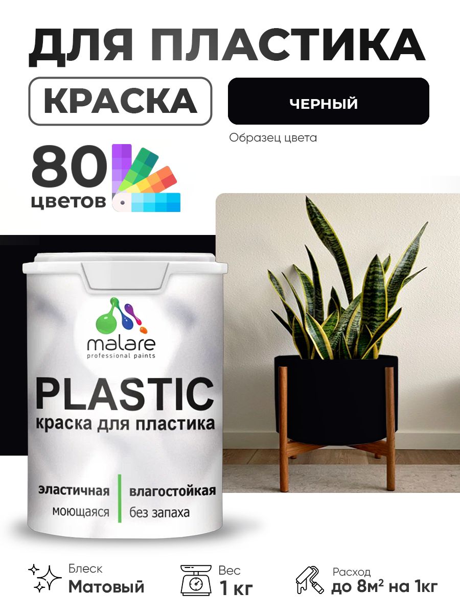 Акриловая краска для пластика Malare Plastic для пенопласта ПВХ сайдинга, для подоконников и откосов, быстросохнущая без запаха, матовая, черный, 1 кг