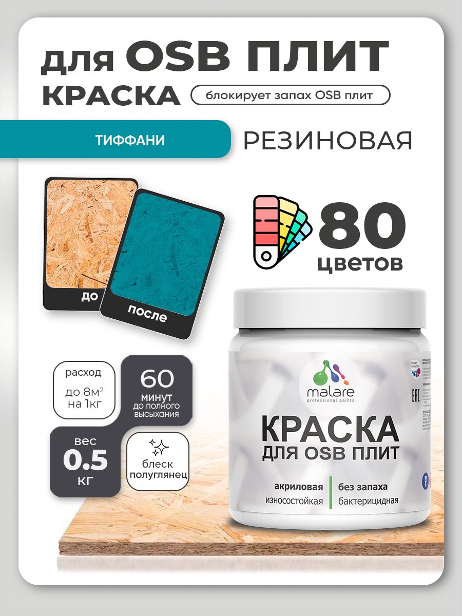 Резиновая краска для ОСБ плит Malare акриловая краска для дерева для наружных и внутренних работ, быстросохнущая без запаха полуглянцевая, тиффани, 0.5 кг