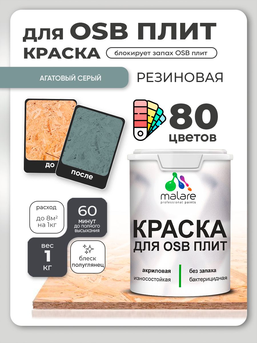 Резиновая краска для ОСБ плит Malare акриловая краска для дерева для наружных и внутренних работ, быстросохнущая без запаха полуглянцевая, агатовый серый, 1 кг