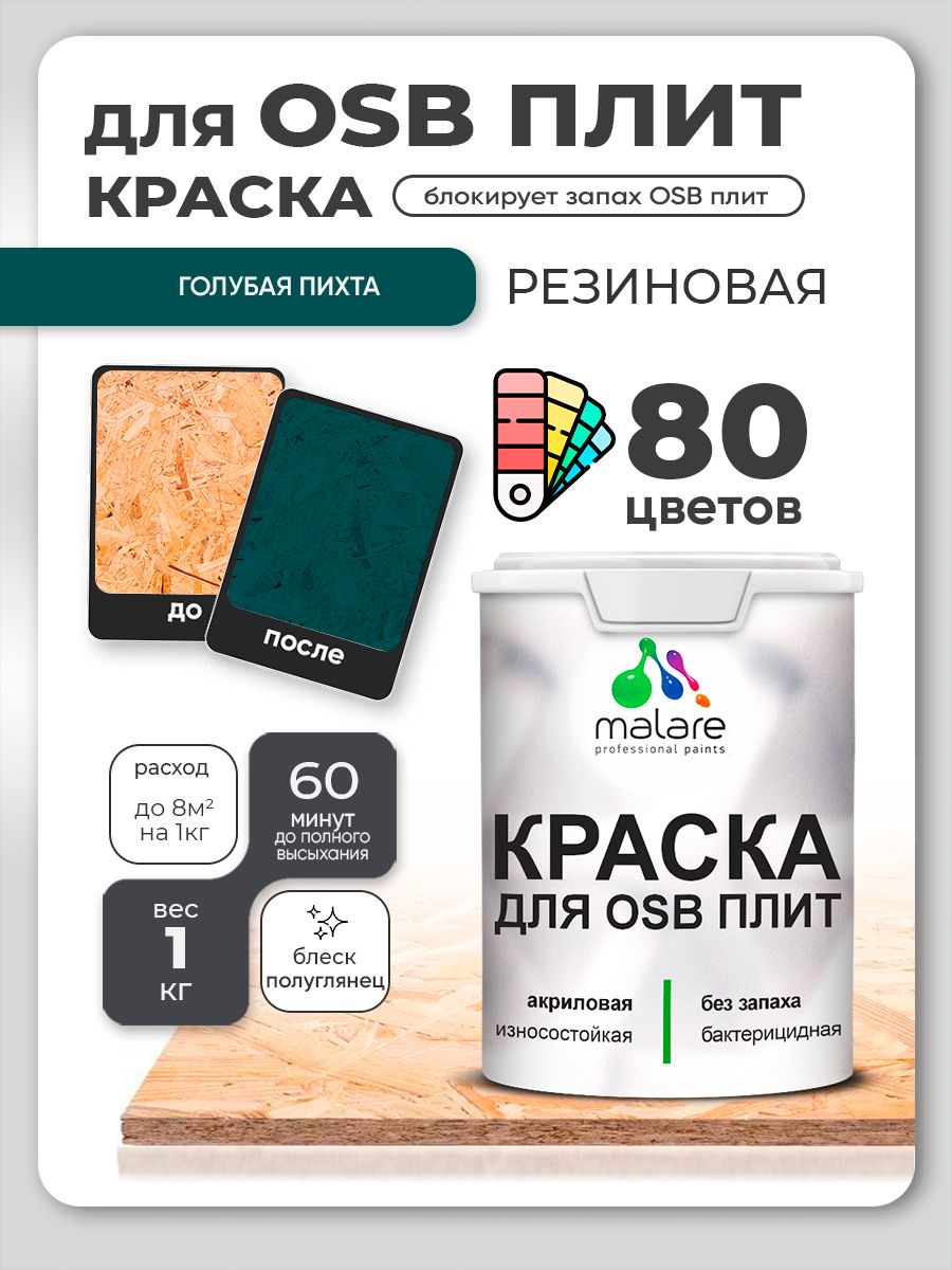 Резиновая краска для ОСБ плит Malare акриловая краска для дерева для наружных и внутренних работ, быстросохнущая без запаха полуглянцевая, голубая пихта, 1 кг