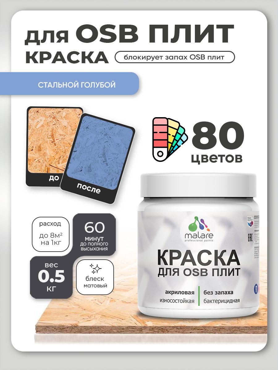 Акриловая краска для ОСБ плит Malare для дерева для наружных и внутренних работ, быстросохнущая без запаха матовая, стальной голубой, 0.5 кг