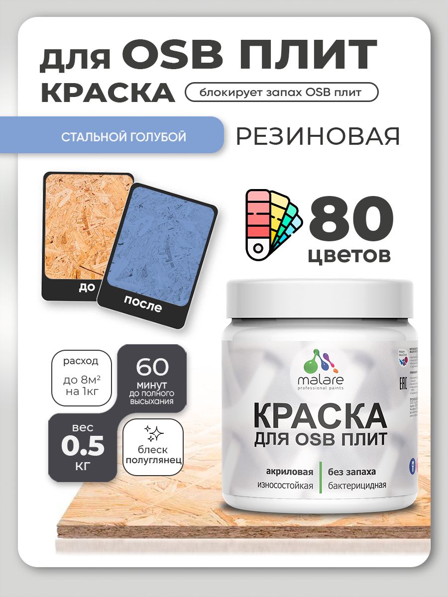 Резиновая краска для ОСБ плит Malare акриловая краска для дерева для наружных и внутренних работ, быстросохнущая без запаха полуглянцевая, стальной голубой, 0.5 кг
