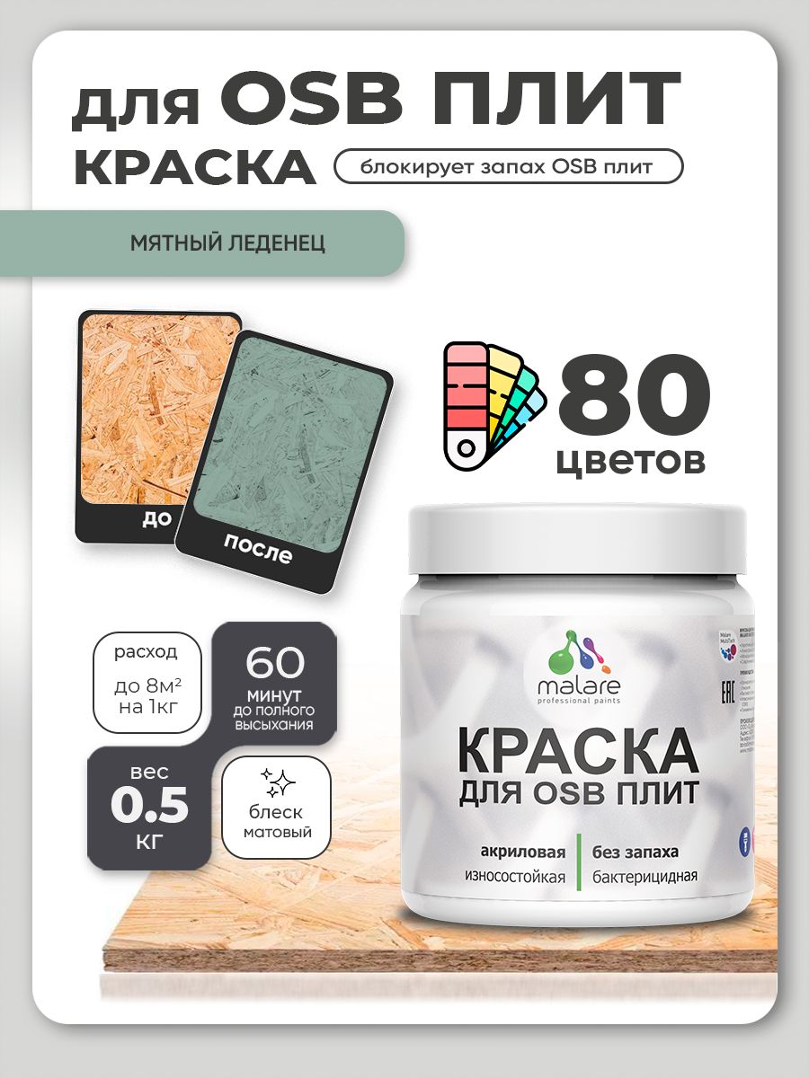 Акриловая краска для ОСБ плит Malare для дерева для наружных и внутренних работ, быстросохнущая без запаха матовая, мятный леденец, 0.5 кг
