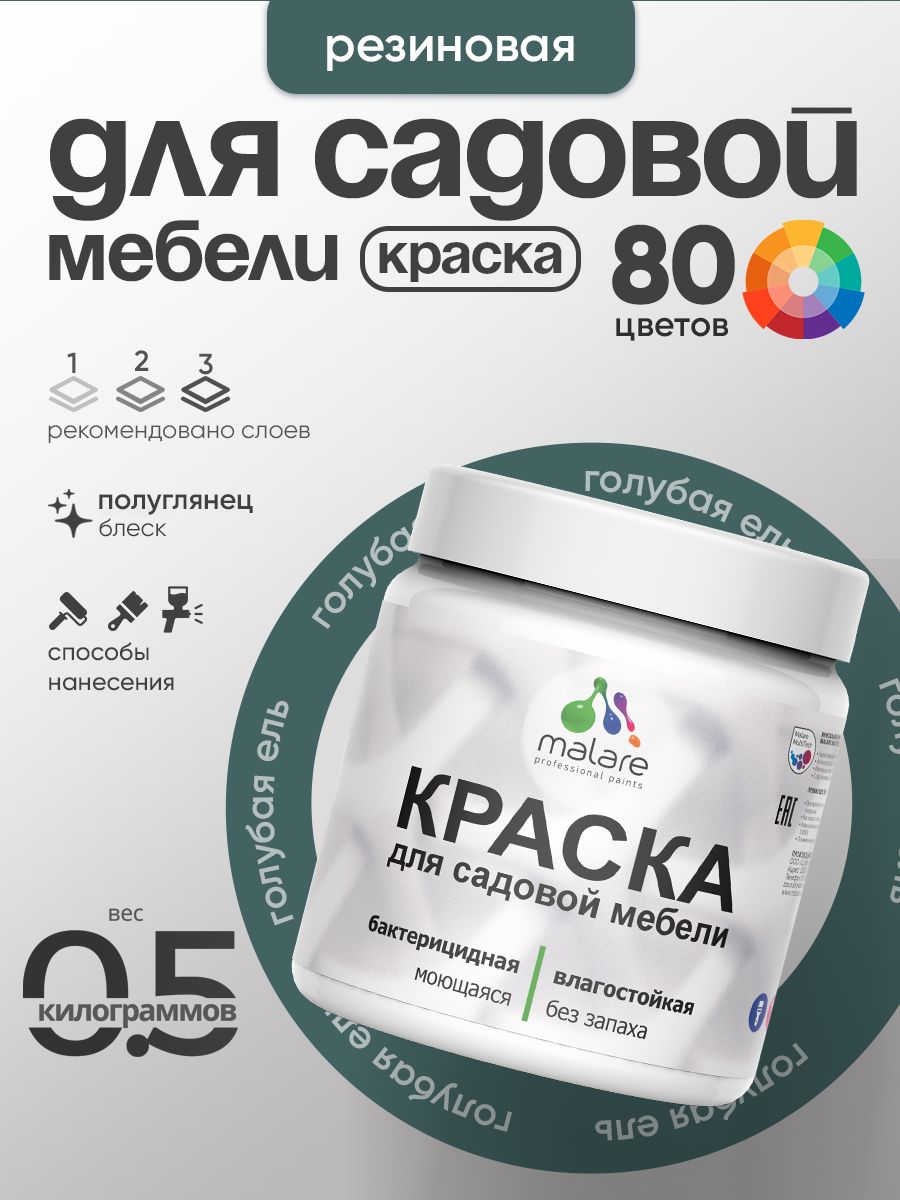 Резиновая краска Malare для садовой мебели/ по дереву, для наружных и внутренних работ/ быстросохнущая моющаяся без запаха полуглянцевая, голубая ель, 0.5 кг