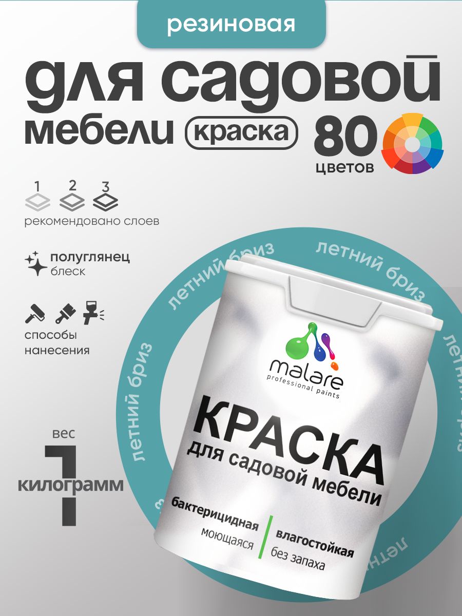 Резиновая краска Malare для садовой мебели/ по дереву, для наружных и внутренних работ/ быстросохнущая моющаяся без запаха полуглянцевая, летний бриз, 1 кг