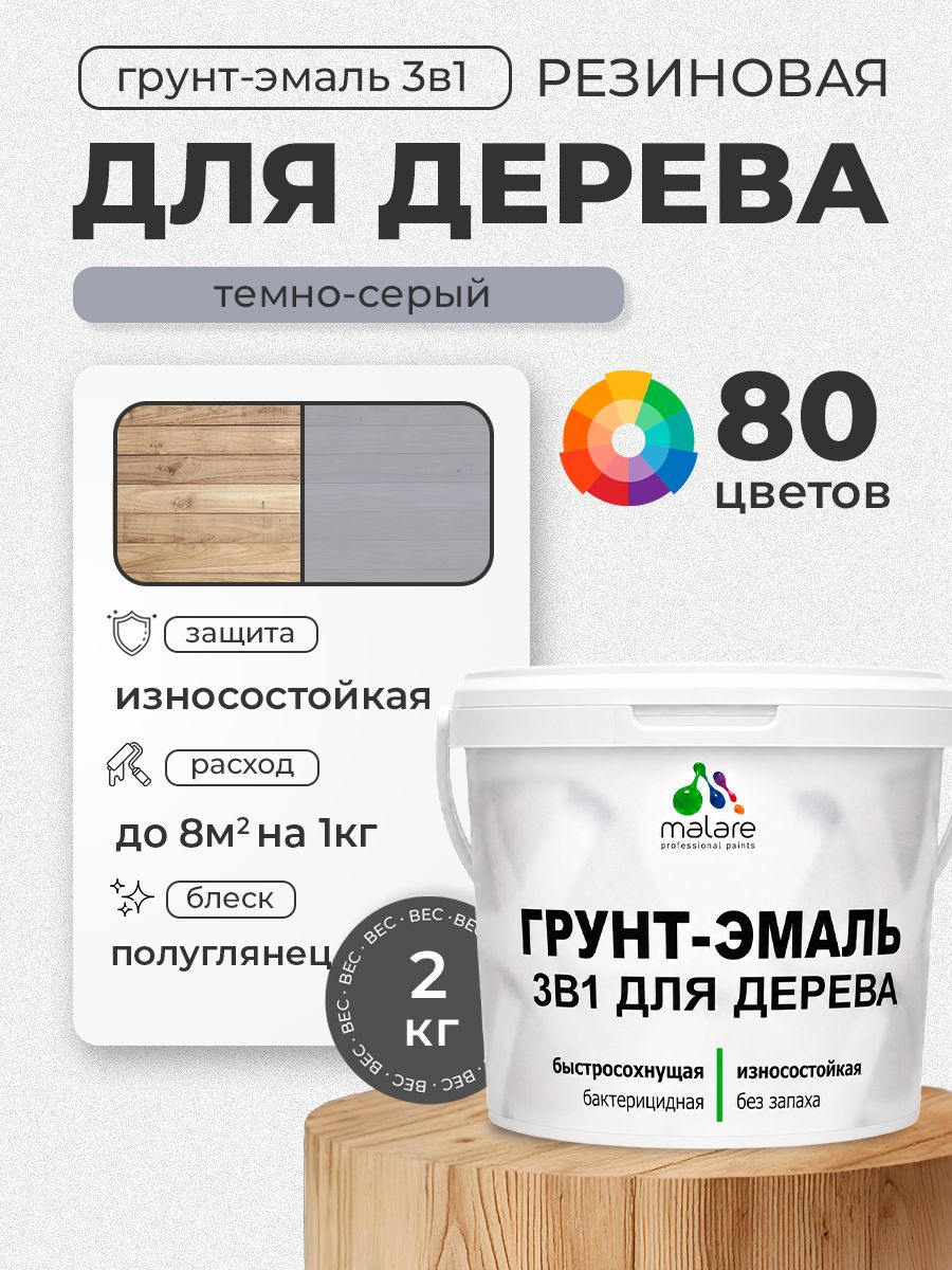 Латексная Грунт-Эмаль 3 в 1 Malare для деревянных поверхностей с антисептическим эффектом, быстросохнущая моющаяся без запаха полуглянцевая, темно-серый, 2 кг