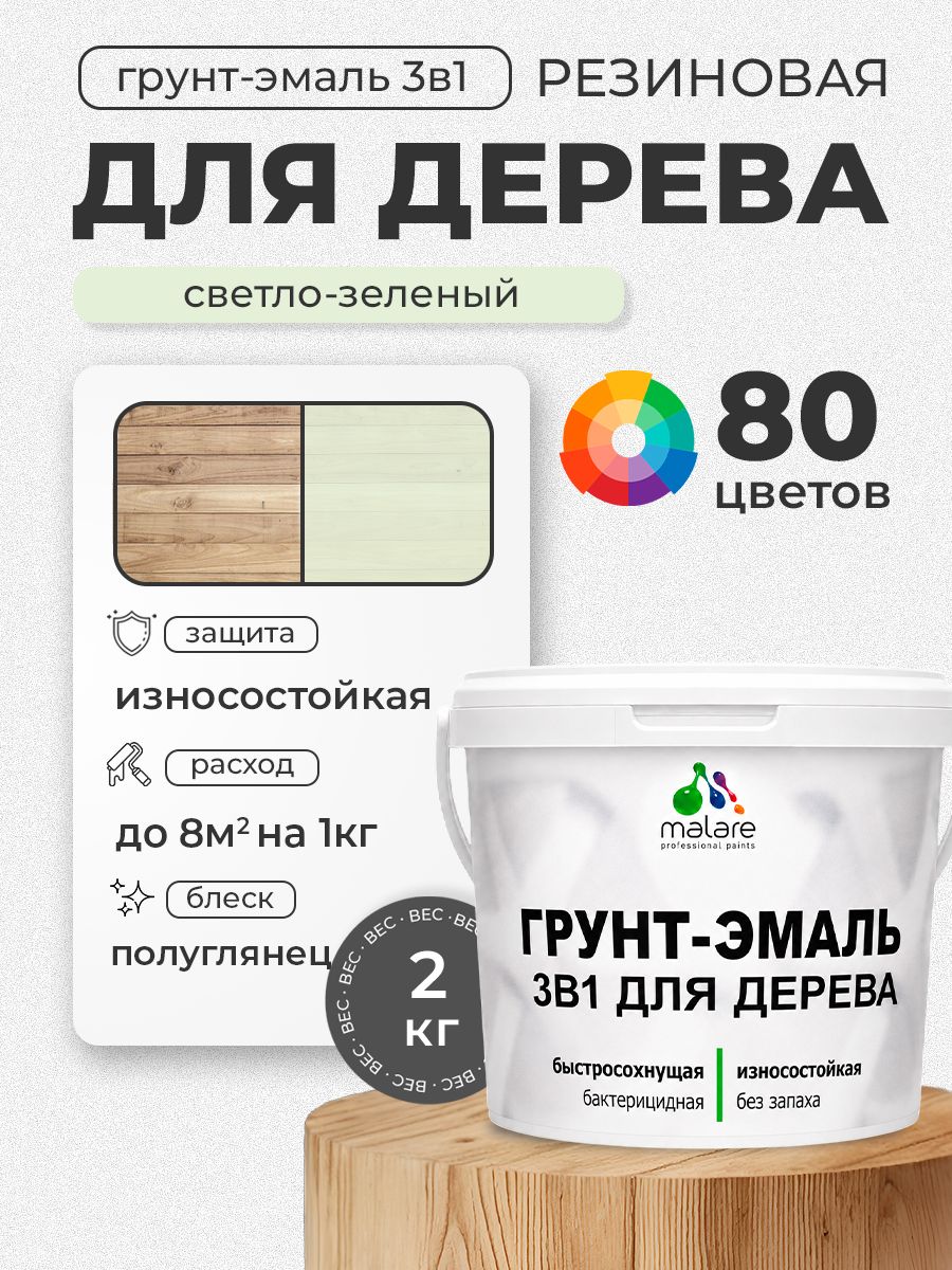 Латексная Грунт-Эмаль 3 в 1 Malare для деревянных поверхностей с антисептическим эффектом, быстросохнущая моющаяся без запаха полуглянцевая, светло-зеленый, 2 кг