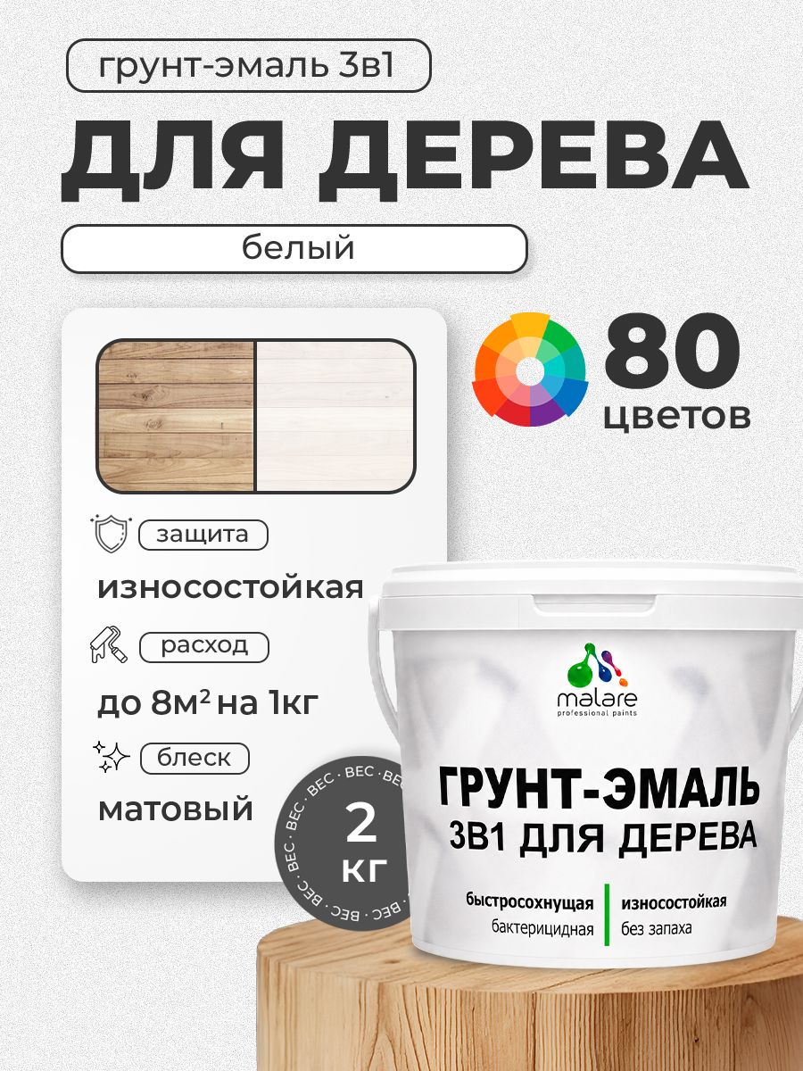 Акриловая Грунт-Эмаль 3 в 1 Malare для деревянных поверхностей с антисептическим эффектом, быстросохнущая, моющаяся без запаха матовая, белый, 2 кг