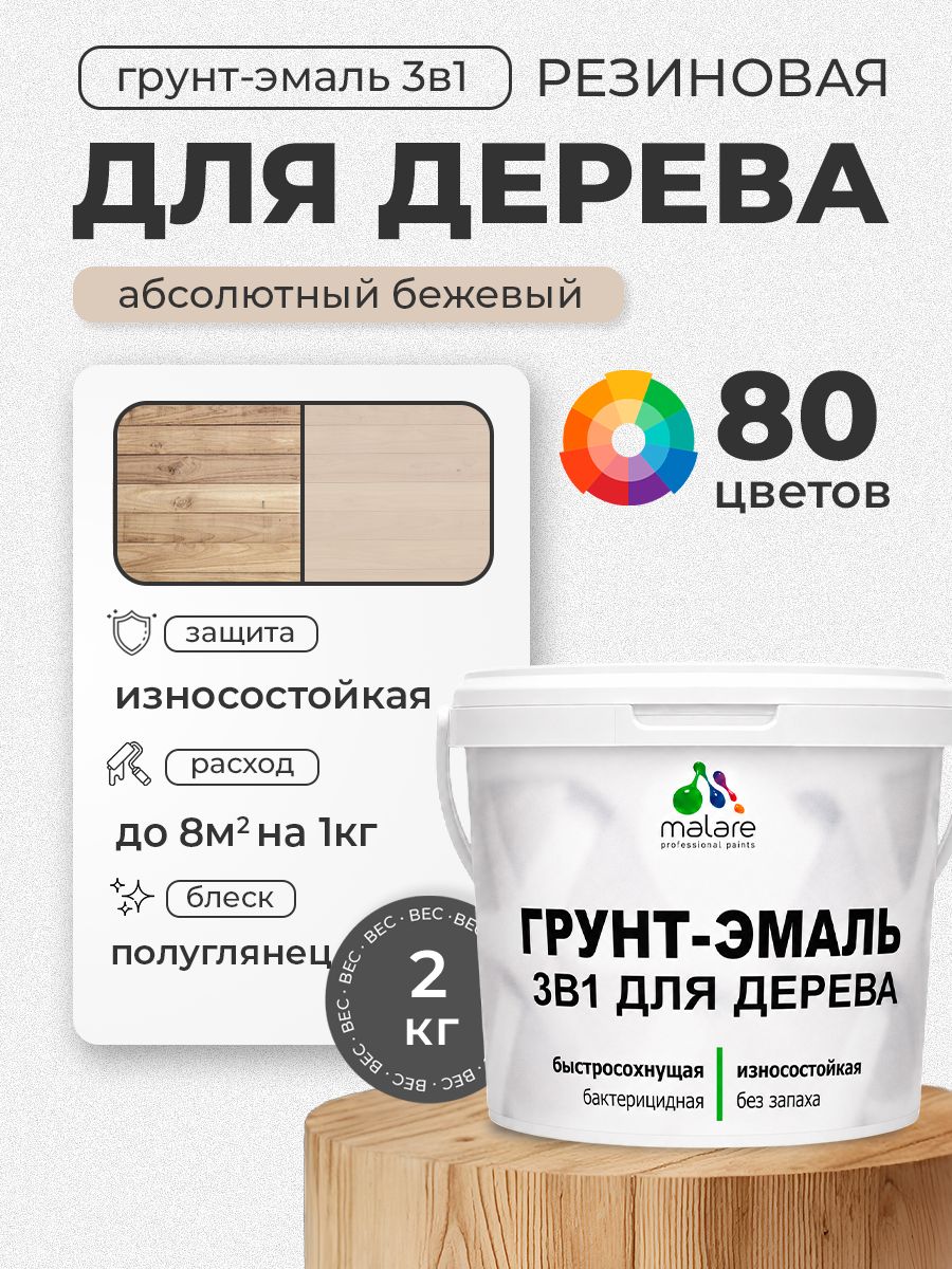 Латексная Грунт-Эмаль 3 в 1 Malare для деревянных поверхностей с антисептическим эффектом, быстросохнущая моющаяся без запаха полуглянцевая, абсолютный бежевый, 2 кг