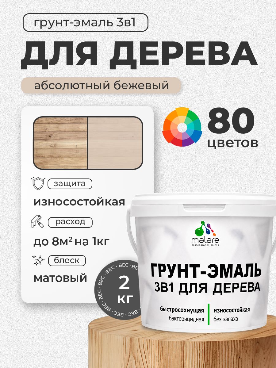 Акриловая Грунт-Эмаль 3 в 1 Malare для деревянных поверхностей с антисептическим эффектом, быстросохнущая, моющаяся без запаха матовая, абсолютный бежевый, 2 кг