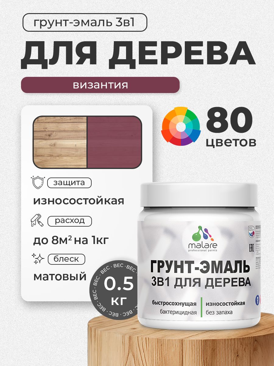 Акриловая Грунт-Эмаль 3 в 1 Malare для деревянных поверхностей с антисептическим эффектом, быстросохнущая, моющаяся без запаха матовая, византия, 0.5 кг