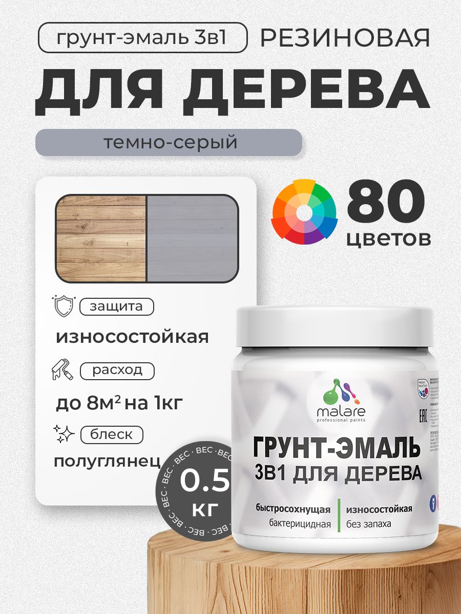 Латексная Грунт-Эмаль 3 в 1 Malare для деревянных поверхностей с антисептическим эффектом, быстросохнущая моющаяся без запаха полуглянцевая, темно-серый, 0.5 кг