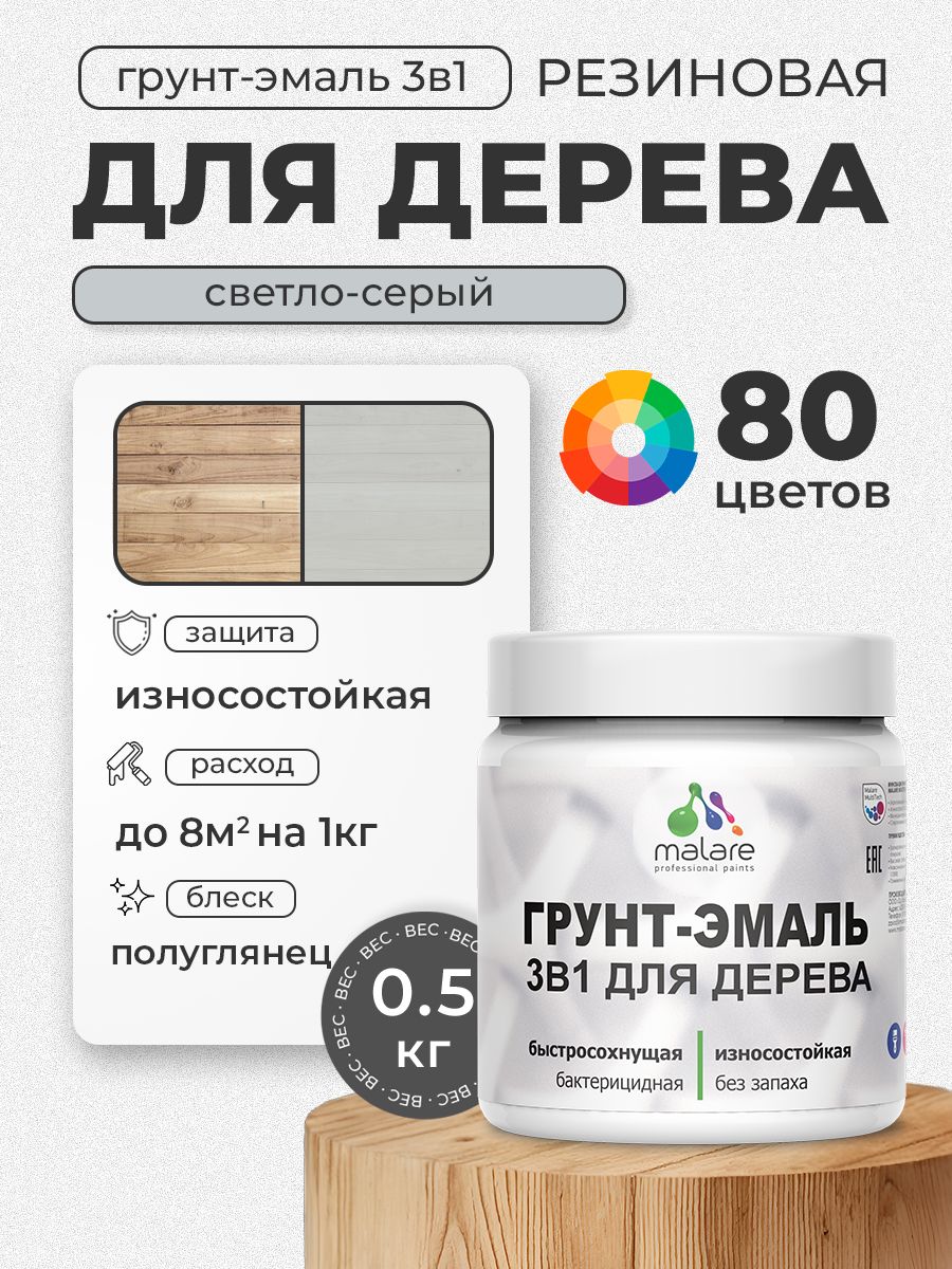 Латексная Грунт-Эмаль 3 в 1 Malare для деревянных поверхностей с антисептическим эффектом, быстросохнущая моющаяся без запаха полуглянцевая, светло-серый, 0.5 кг