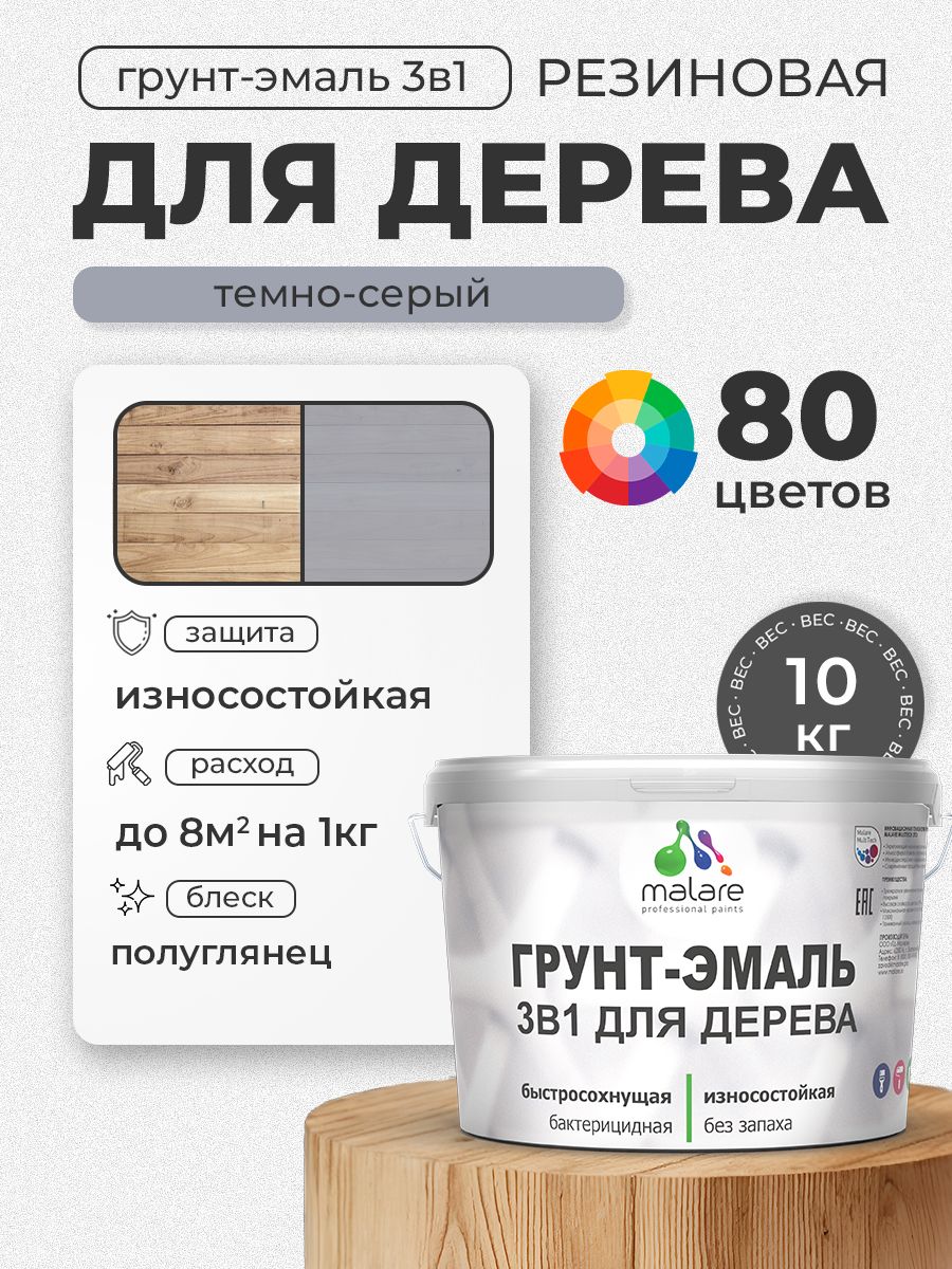 Латексная Грунт-Эмаль 3 в 1 Malare для деревянных поверхностей с антисептическим эффектом, быстросохнущая моющаяся без запаха полуглянцевая, темно-серый, 10 кг