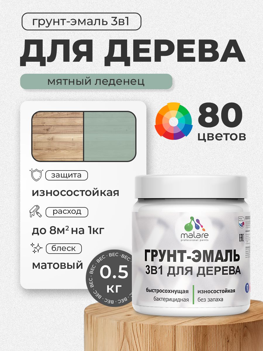 Акриловая Грунт-Эмаль 3 в 1 Malare для деревянных поверхностей с антисептическим эффектом, быстросохнущая, моющаяся без запаха матовая, мятный леденец, 0.5 кг
