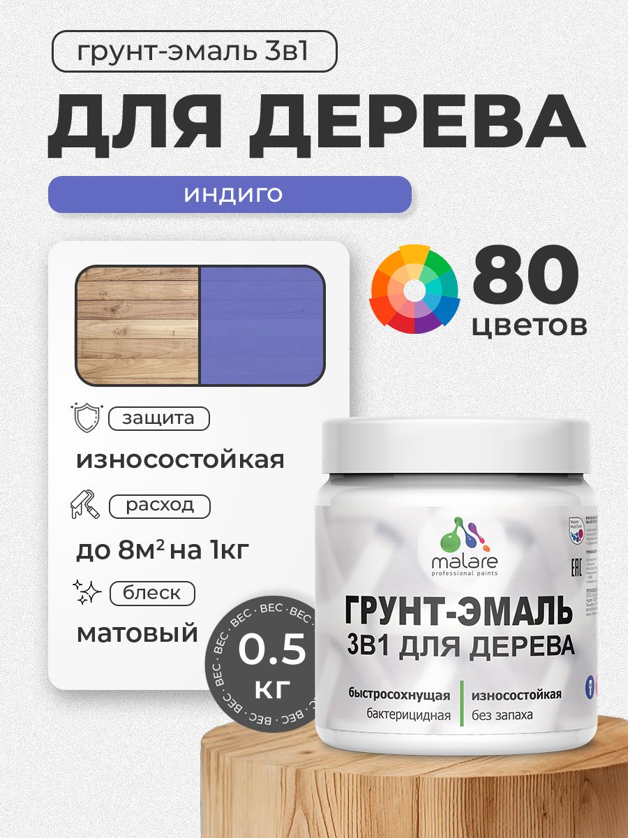 Акриловая Грунт-Эмаль 3 в 1 Malare для деревянных поверхностей с антисептическим эффектом, быстросохнущая, моющаяся без запаха матовая, индиго, 0.5 кг