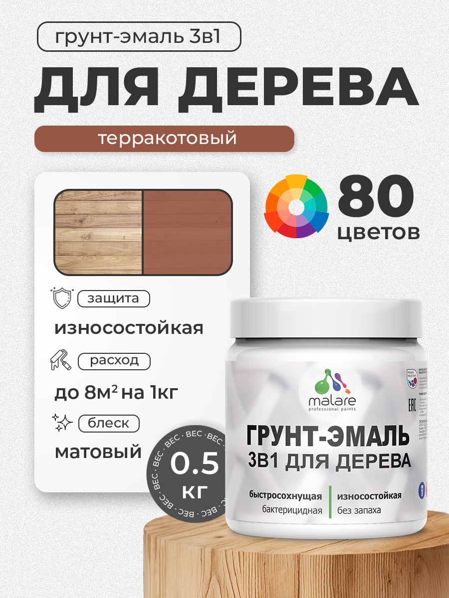 Акриловая Грунт-Эмаль 3 в 1 Malare для деревянных поверхностей с антисептическим эффектом, быстросохнущая, моющаяся без запаха матовая, терракотовый, 0.5 кг
