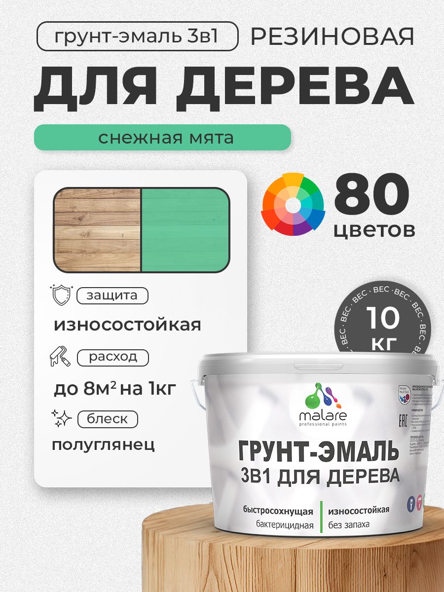 Латексная Грунт-Эмаль 3 в 1 Malare для деревянных поверхностей с антисептическим эффектом, быстросохнущая моющаяся без запаха полуглянцевая, снежная мята, 10 кг