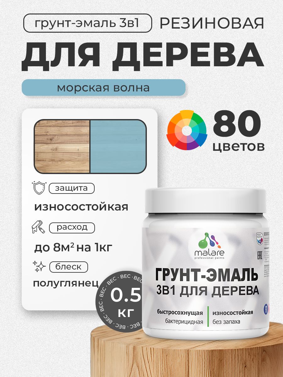 Латексная Грунт-Эмаль 3 в 1 Malare для деревянных поверхностей с антисептическим эффектом, быстросохнущая моющаяся без запаха полуглянцевая, морская волна, 0.5 кг