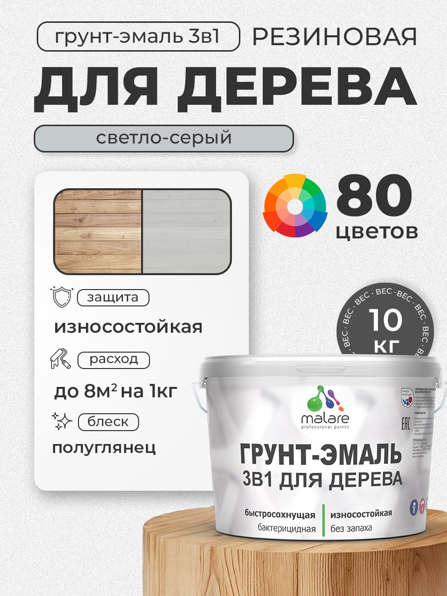 Латексная Грунт-Эмаль 3 в 1 Malare для деревянных поверхностей с антисептическим эффектом, быстросохнущая моющаяся без запаха полуглянцевая, светло-серый, 10 кг