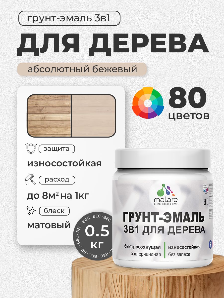 Акриловая Грунт-Эмаль 3 в 1 Malare для деревянных поверхностей с антисептическим эффектом, быстросохнущая, моющаяся без запаха матовая, абсолютный бежевый, 0.5 кг