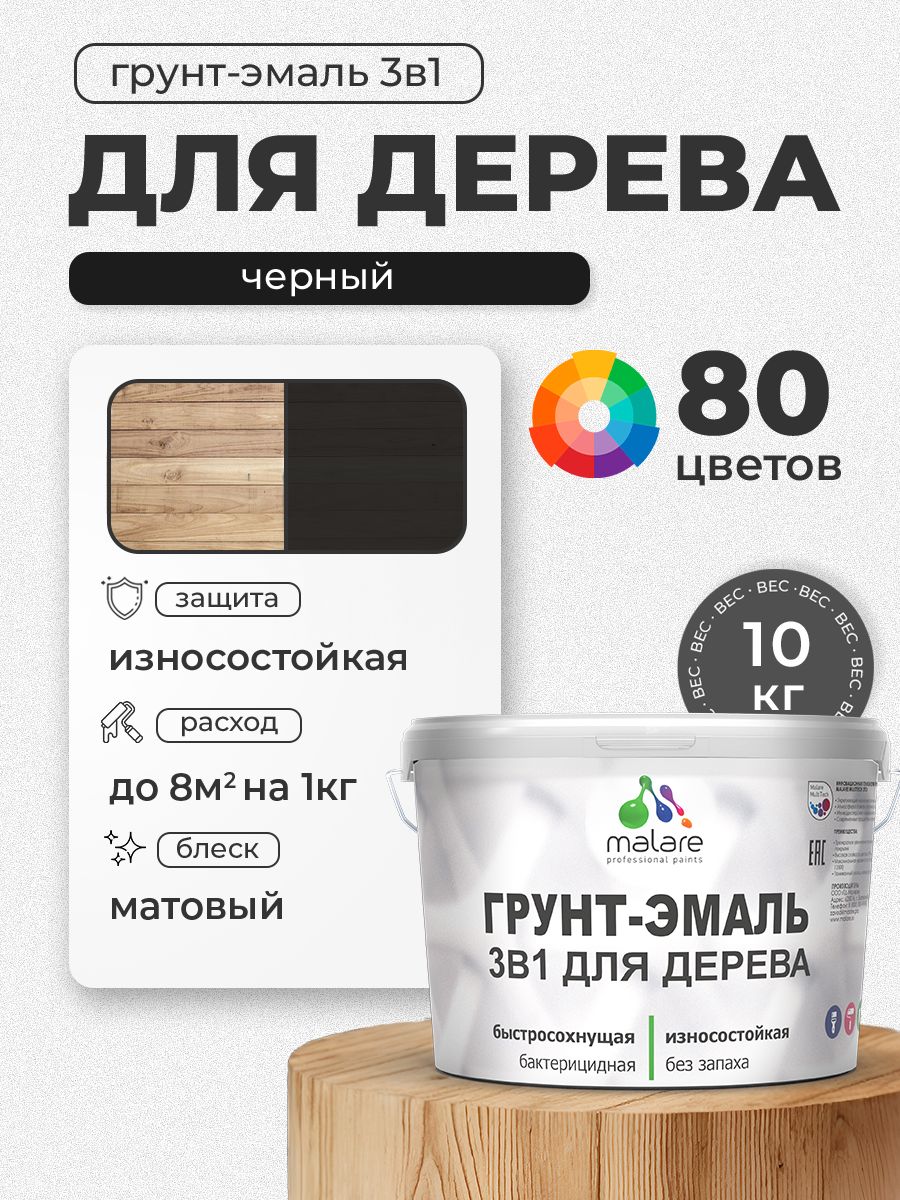 Акриловая Грунт-Эмаль 3 в 1 Malare для деревянных поверхностей с антисептическим эффектом, быстросохнущая, моющаяся без запаха матовая, черный, 10 кг