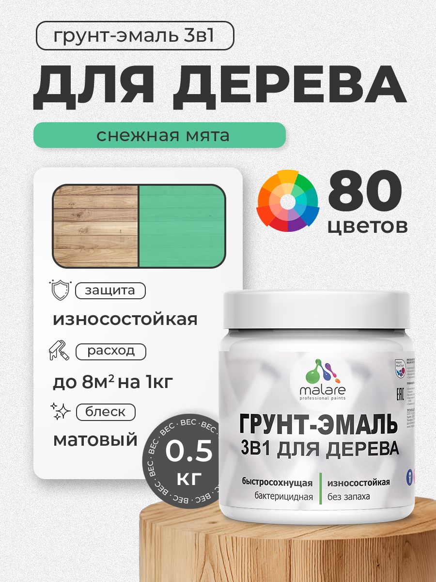 Акриловая Грунт-Эмаль 3 в 1 Malare для деревянных поверхностей с антисептическим эффектом, быстросохнущая, моющаяся без запаха матовая, снежная мята, 0.5 кг