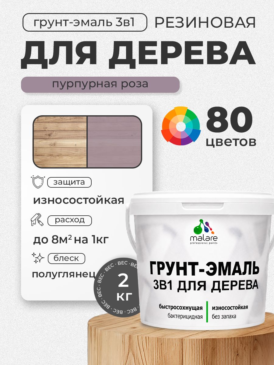 Латексная Грунт-Эмаль 3 в 1 Malare для деревянных поверхностей с антисептическим эффектом, быстросохнущая моющаяся без запаха полуглянцевая, пурпурная роза, 2 кг